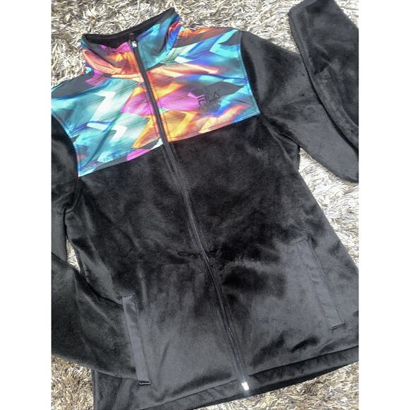 FILA VTG 80's Women's Velour Track Sport Jacket Full Zip Black Multicolor Sz S - Picture 1 of 7